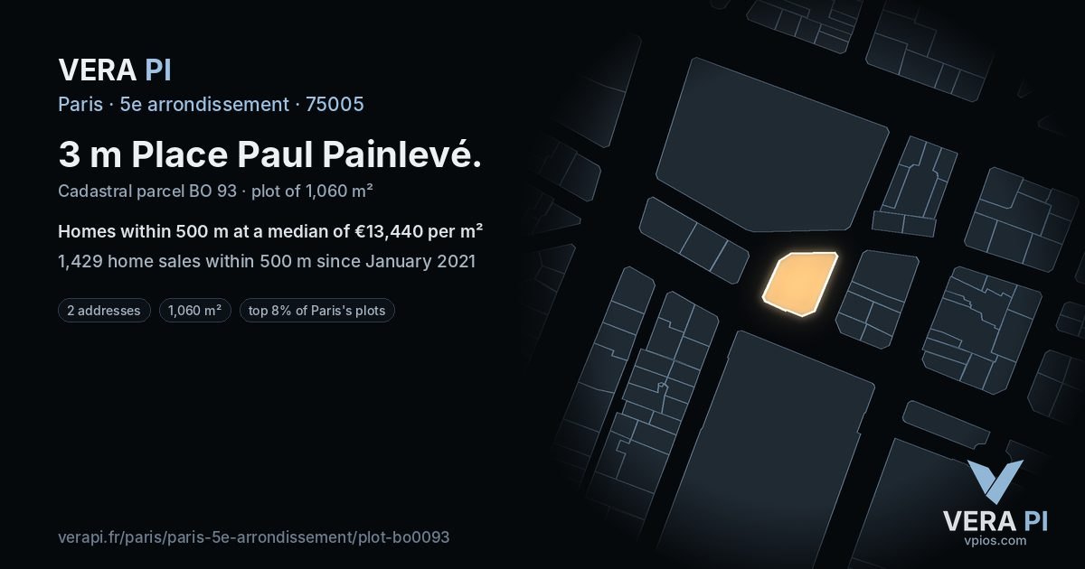 3 m Place Paul Painlevé, 5e arrondissement at night – the plot lit, the parcels around coloured by the prices near them