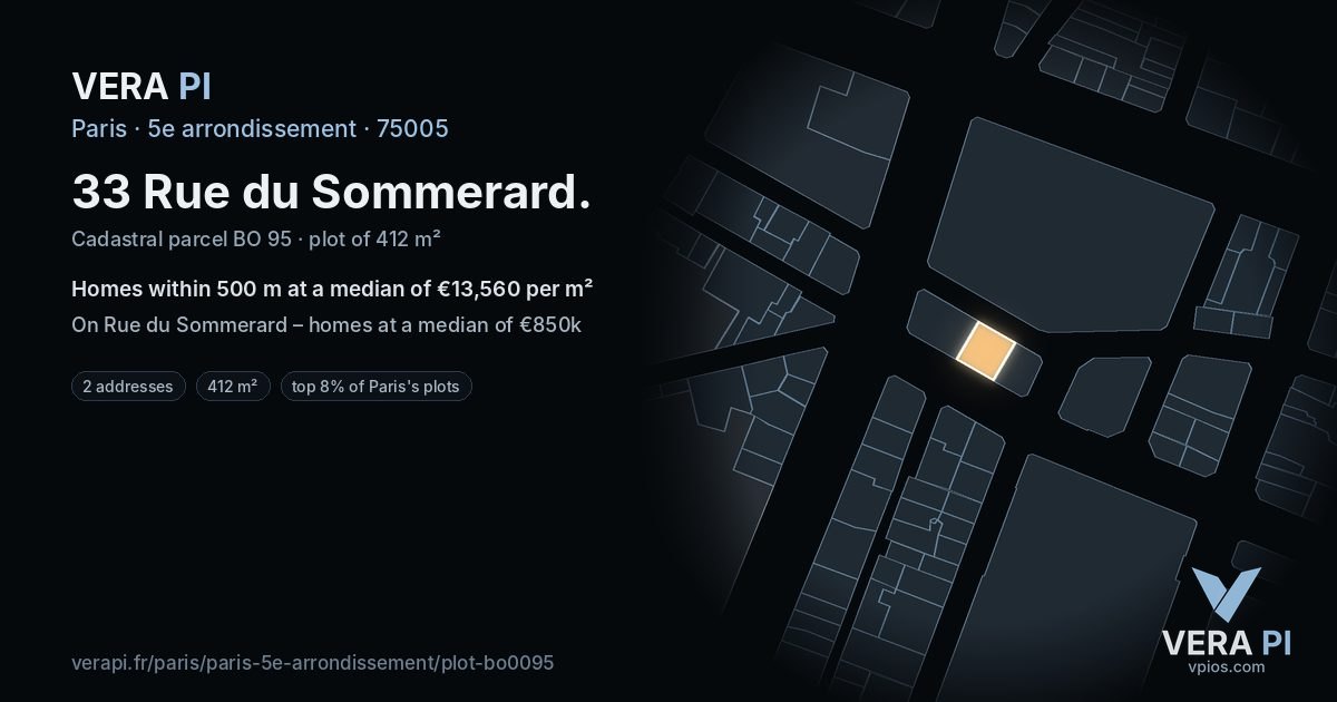 33 Rue du Sommerard, 5e arrondissement at night – the plot lit, the parcels around coloured by the prices near them