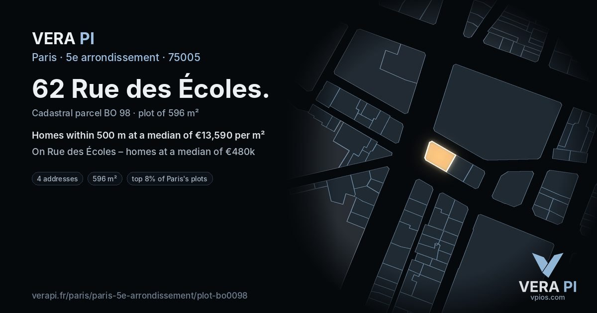 62 Rue des Écoles, 5e arrondissement at night – the plot lit, the parcels around coloured by the prices near them