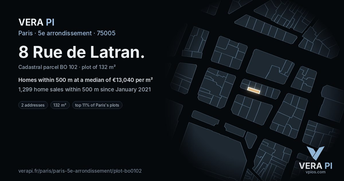 8 Rue de Latran, 5e arrondissement at night – the plot lit, the parcels around coloured by the prices near them
