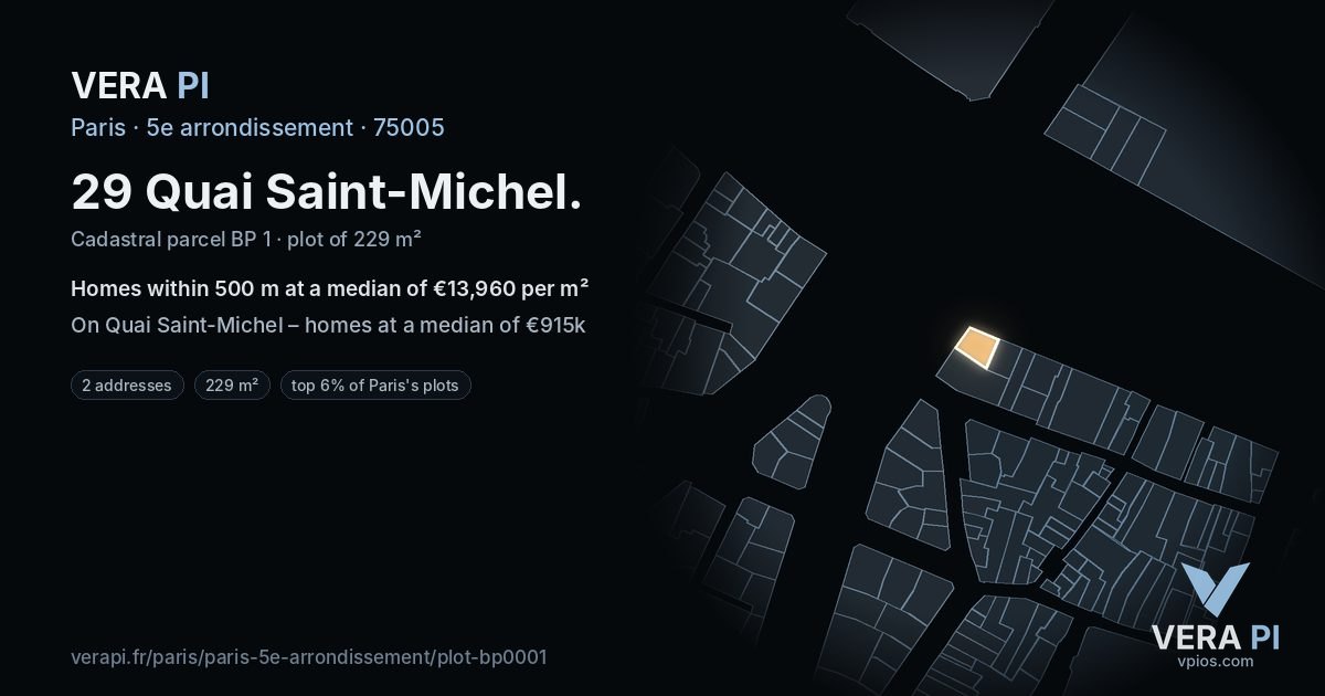 29 Quai Saint-Michel, 5e arrondissement at night – the plot lit, the parcels around coloured by the prices near them
