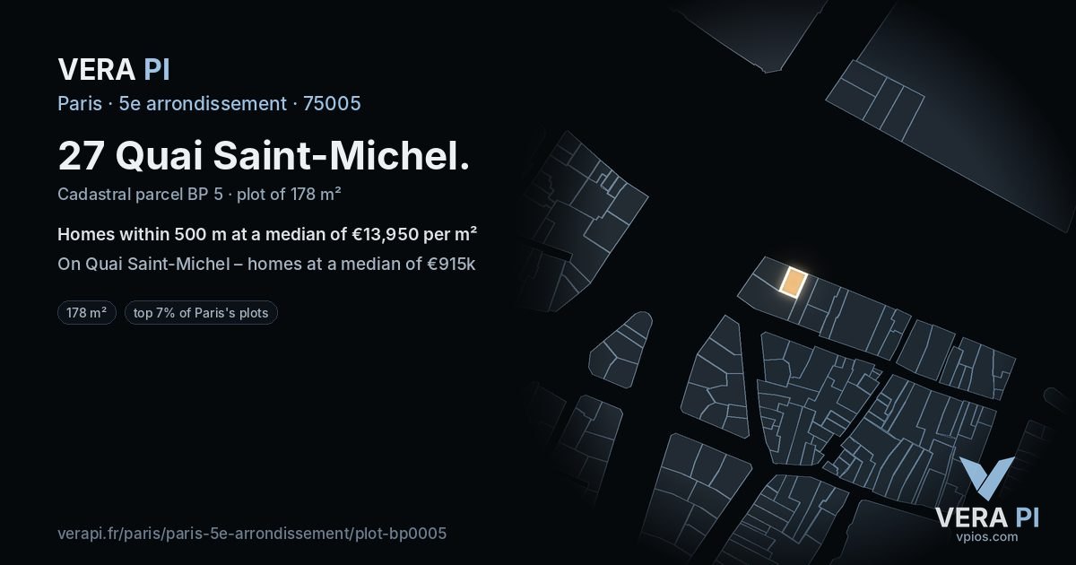 27 Quai Saint-Michel, 5e arrondissement at night – the plot lit, the parcels around coloured by the prices near them