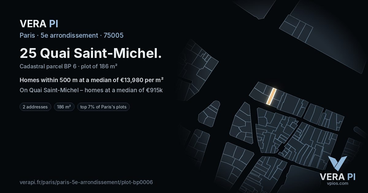 25 Quai Saint-Michel, 5e arrondissement at night – the plot lit, the parcels around coloured by the prices near them