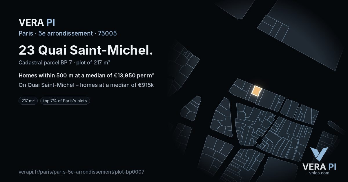 23 Quai Saint-Michel, 5e arrondissement at night – the plot lit, the parcels around coloured by the prices near them