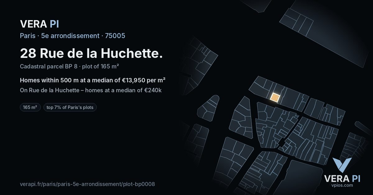 28 Rue de la Huchette, 5e arrondissement at night – the plot lit, the parcels around coloured by the prices near them