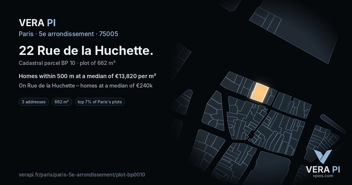 22 Rue de la Huchette, 5e arrondissement at night – the plot lit, the parcels around coloured by the prices near them