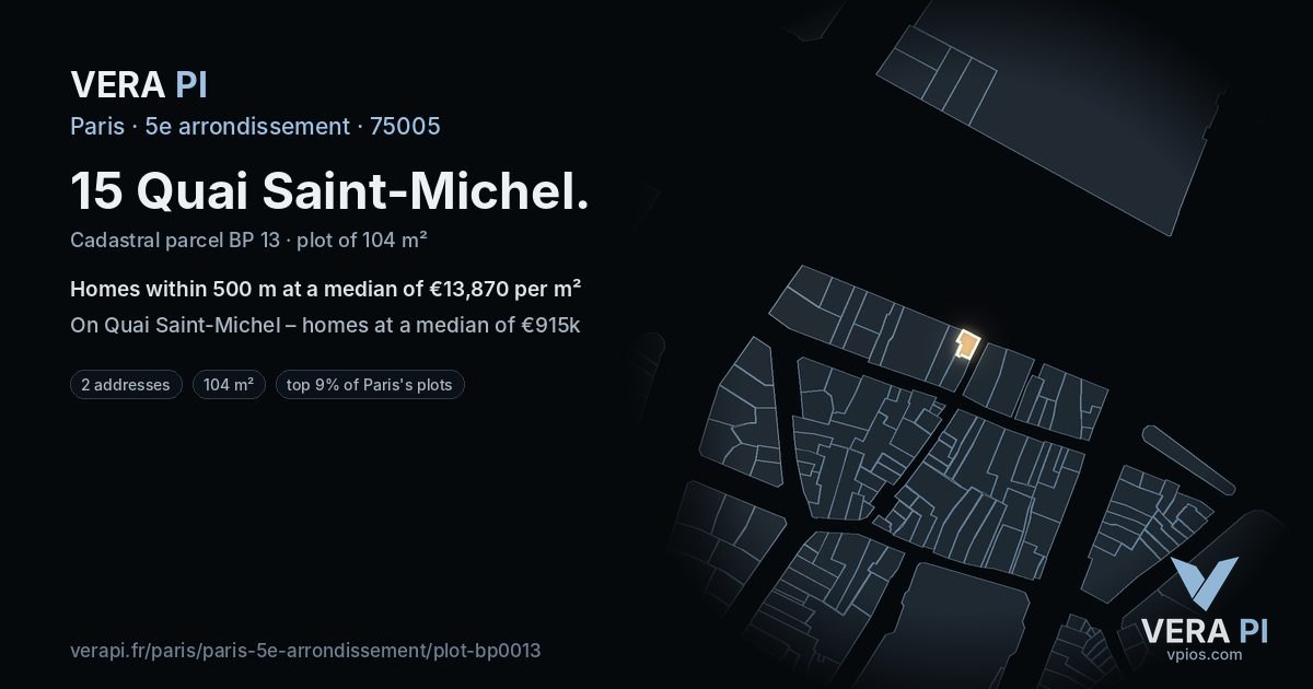 15 Quai Saint-Michel, 5e arrondissement at night – the plot lit, the parcels around coloured by the prices near them