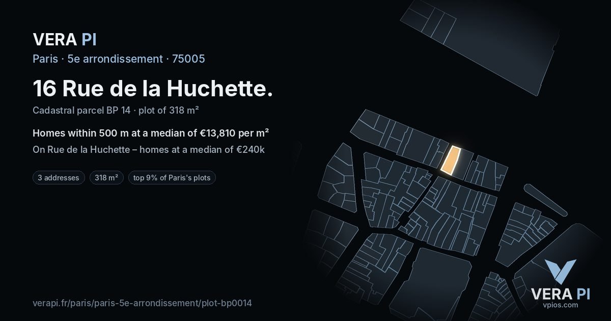 16 Rue de la Huchette, 5e arrondissement at night – the plot lit, the parcels around coloured by the prices near them
