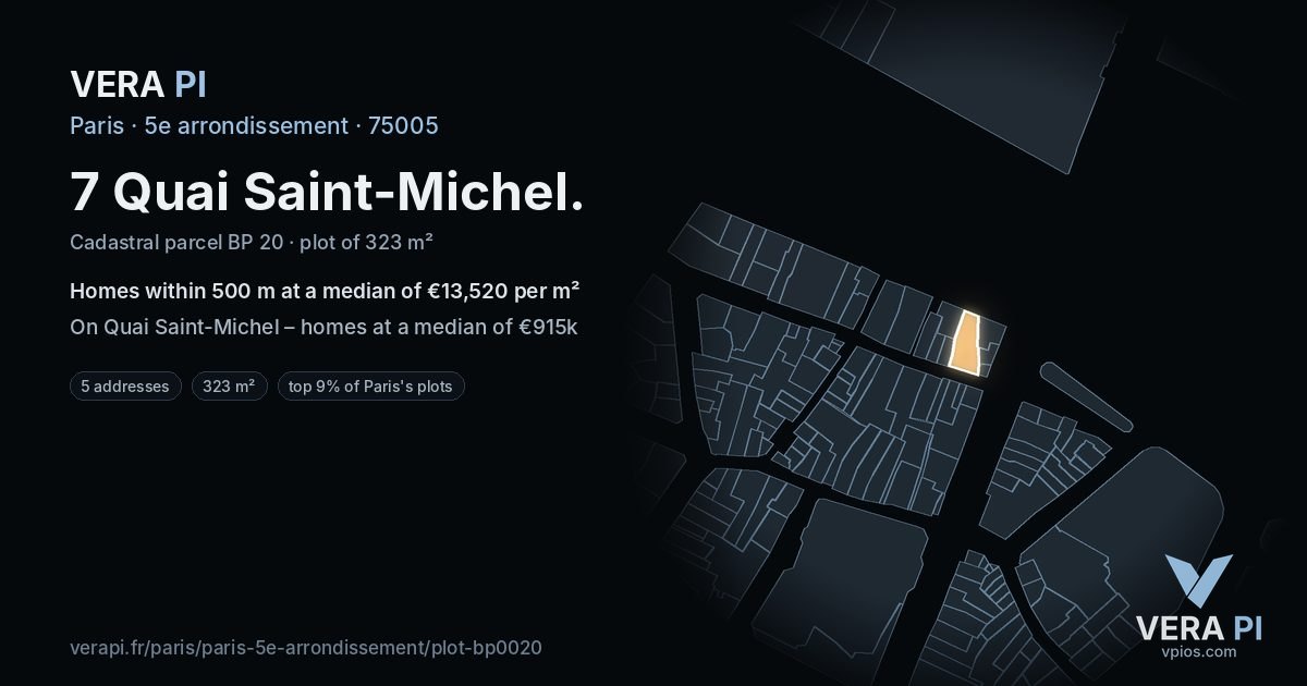 7 Quai Saint-Michel, 5e arrondissement at night – the plot lit, the parcels around coloured by the prices near them