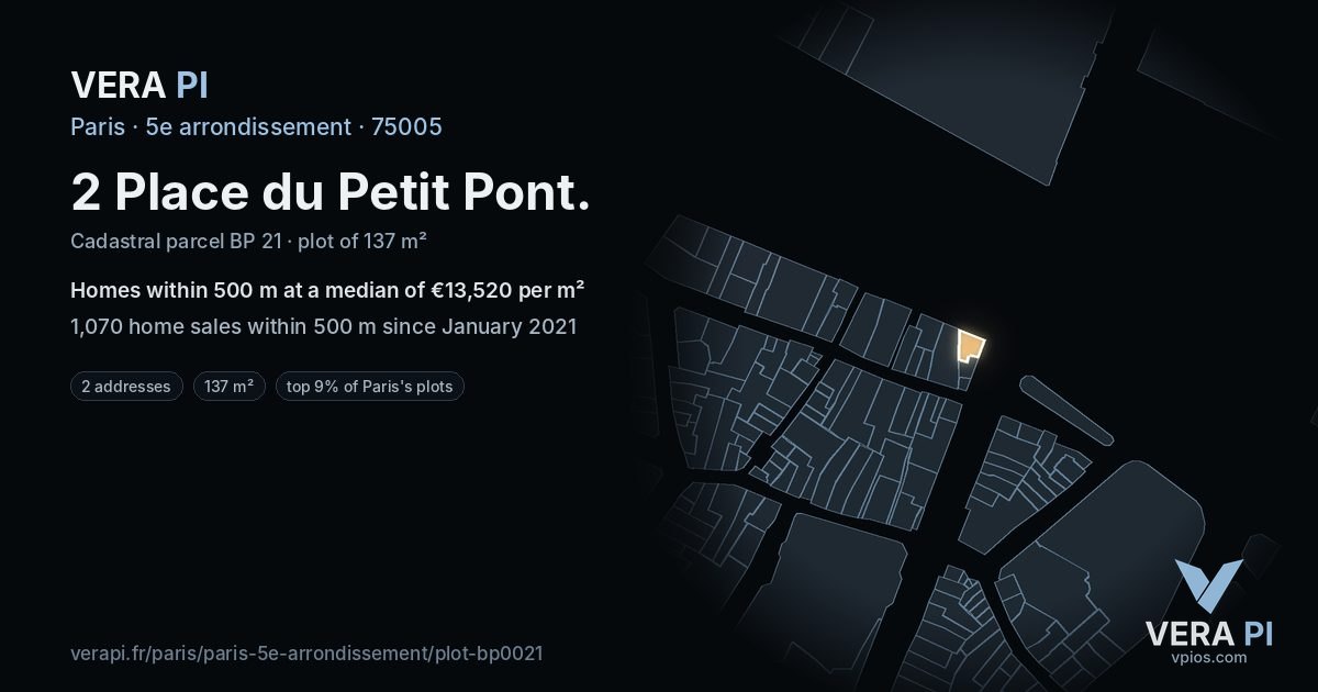 2 Place du Petit Pont, 5e arrondissement at night – the plot lit, the parcels around coloured by the prices near them