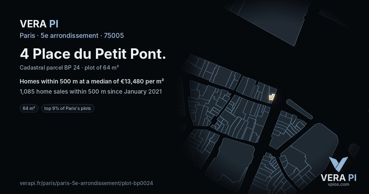 4 Place du Petit Pont, 5e arrondissement at night – the plot lit, the parcels around coloured by the prices near them