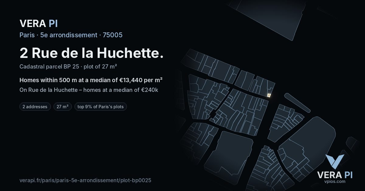 2 Rue de la Huchette, 5e arrondissement at night – the plot lit, the parcels around coloured by the prices near them