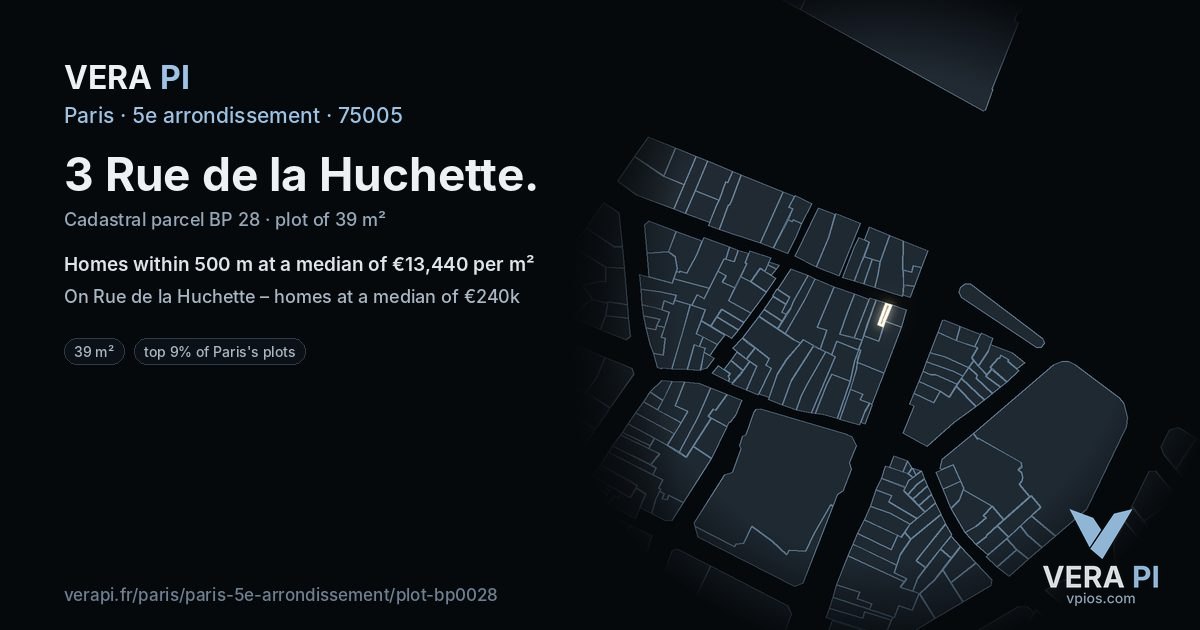 3 Rue de la Huchette, 5e arrondissement at night – the plot lit, the parcels around coloured by the prices near them