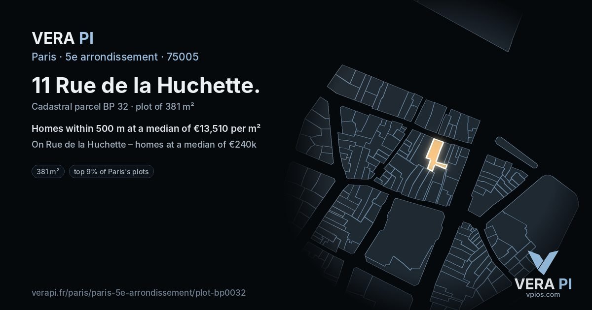 11 Rue de la Huchette, 5e arrondissement at night – the plot lit, the parcels around coloured by the prices near them