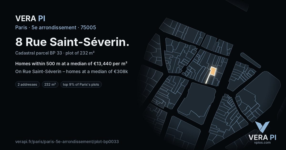 8 Rue Saint-Séverin, 5e arrondissement at night – the plot lit, the parcels around coloured by the prices near them