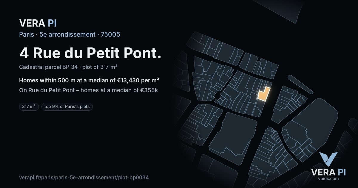 4 Rue du Petit Pont, 5e arrondissement at night – the plot lit, the parcels around coloured by the prices near them