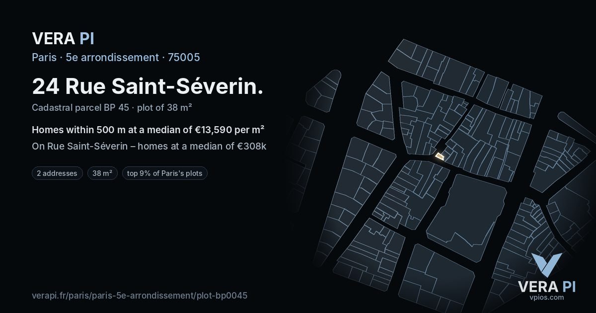 24 Rue Saint-Séverin, 5e arrondissement at night – the plot lit, the parcels around coloured by the prices near them