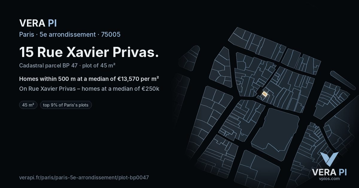 15 Rue Xavier Privas, 5e arrondissement at night – the plot lit, the parcels around coloured by the prices near them
