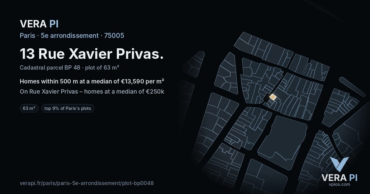 13 Rue Xavier Privas, 5e arrondissement at night – the plot lit, the parcels around coloured by the prices near them