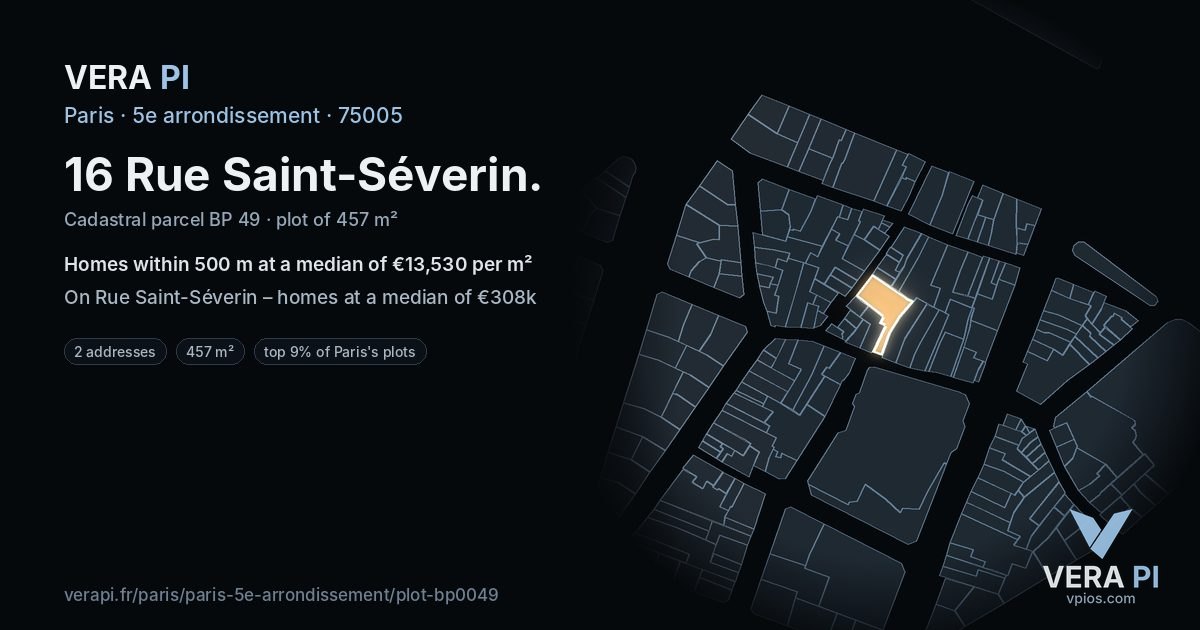 16 Rue Saint-Séverin, 5e arrondissement at night – the plot lit, the parcels around coloured by the prices near them