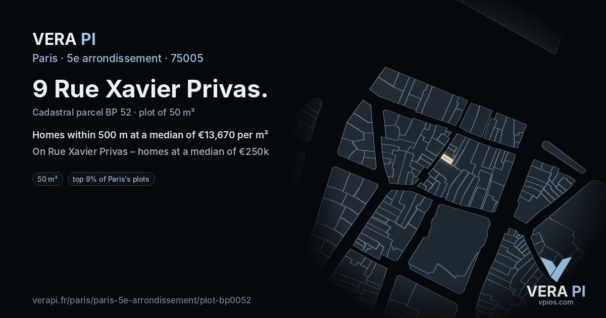 9 Rue Xavier Privas, 5e arrondissement at night – the plot lit, the parcels around coloured by the prices near them