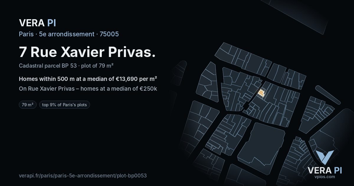 7 Rue Xavier Privas, 5e arrondissement at night – the plot lit, the parcels around coloured by the prices near them