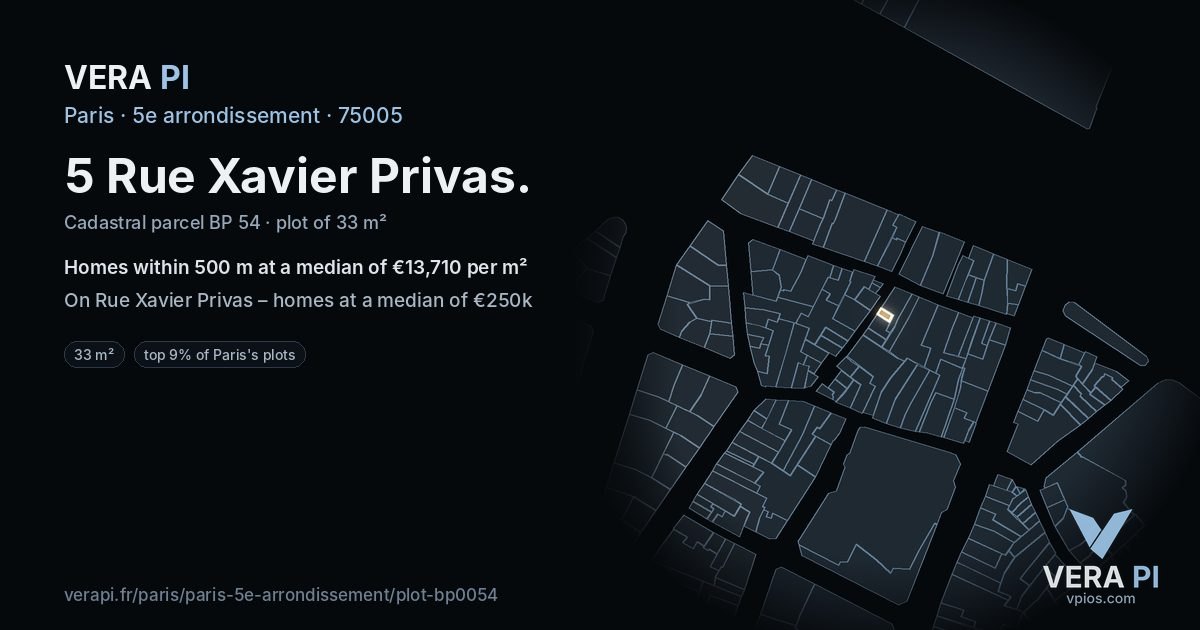 5 Rue Xavier Privas, 5e arrondissement at night – the plot lit, the parcels around coloured by the prices near them