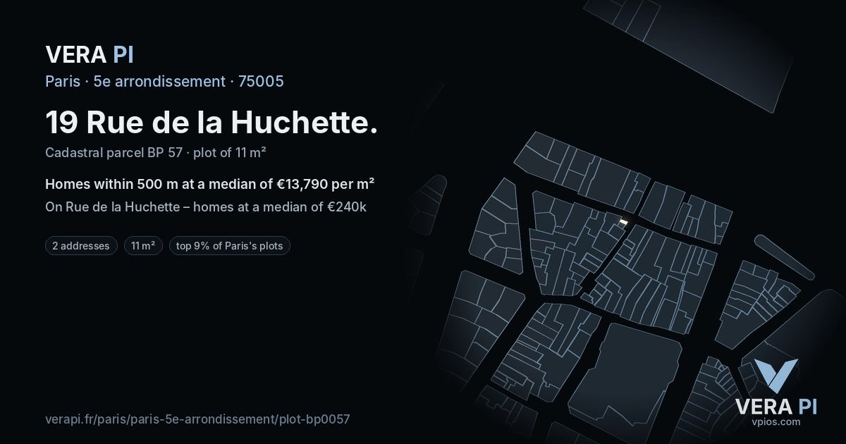19 Rue de la Huchette, 5e arrondissement at night – the plot lit, the parcels around coloured by the prices near them