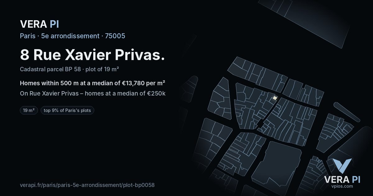8 Rue Xavier Privas, 5e arrondissement at night – the plot lit, the parcels around coloured by the prices near them