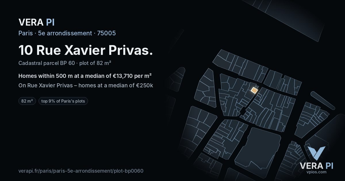 10 Rue Xavier Privas, 5e arrondissement at night – the plot lit, the parcels around coloured by the prices near them