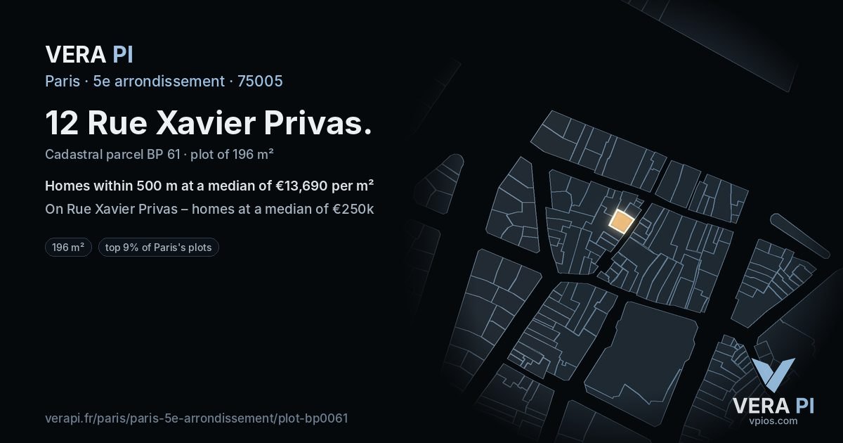 12 Rue Xavier Privas, 5e arrondissement at night – the plot lit, the parcels around coloured by the prices near them
