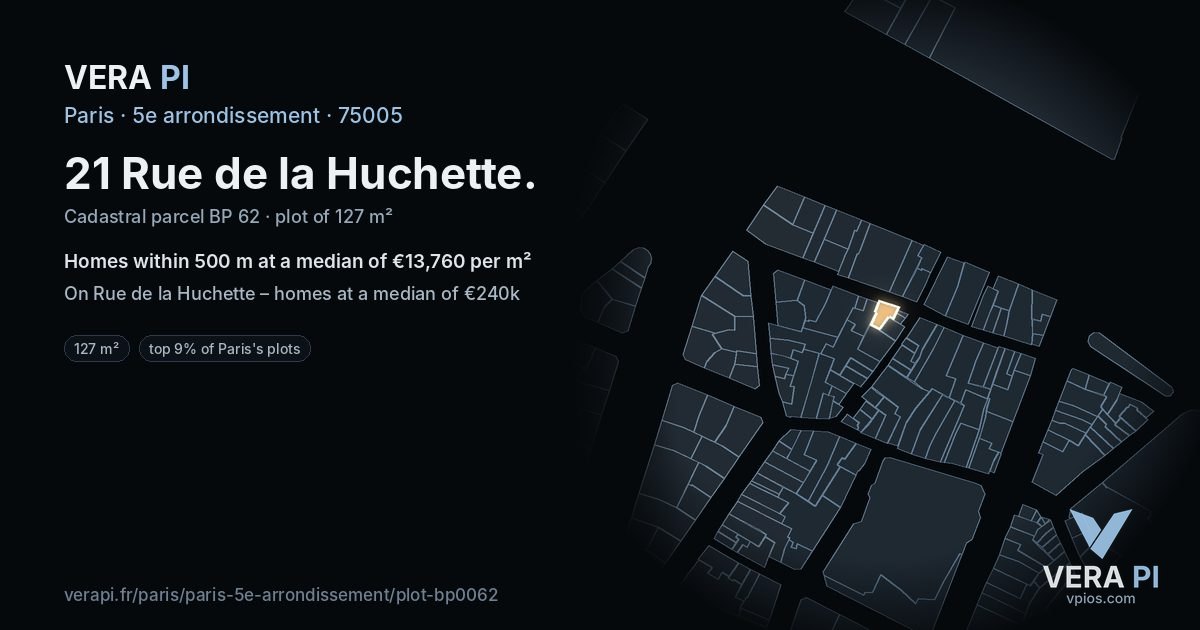 21 Rue de la Huchette, 5e arrondissement at night – the plot lit, the parcels around coloured by the prices near them