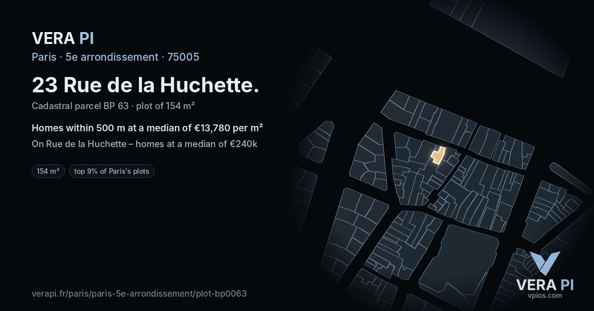23 Rue de la Huchette, 5e arrondissement at night – the plot lit, the parcels around coloured by the prices near them