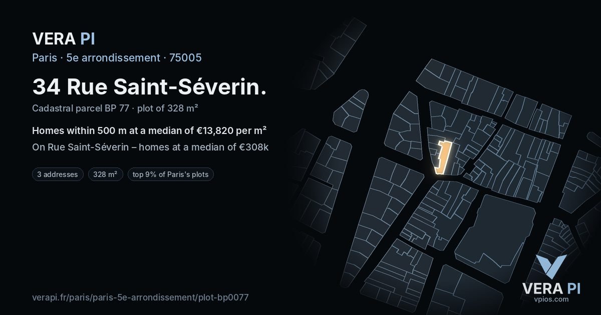 34 Rue Saint-Séverin, 5e arrondissement at night – the plot lit, the parcels around coloured by the prices near them