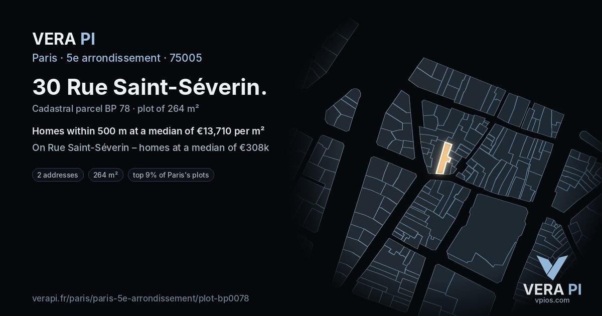 30 Rue Saint-Séverin, 5e arrondissement at night – the plot lit, the parcels around coloured by the prices near them