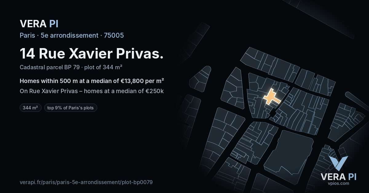 14 Rue Xavier Privas, 5e arrondissement at night – the plot lit, the parcels around coloured by the prices near them