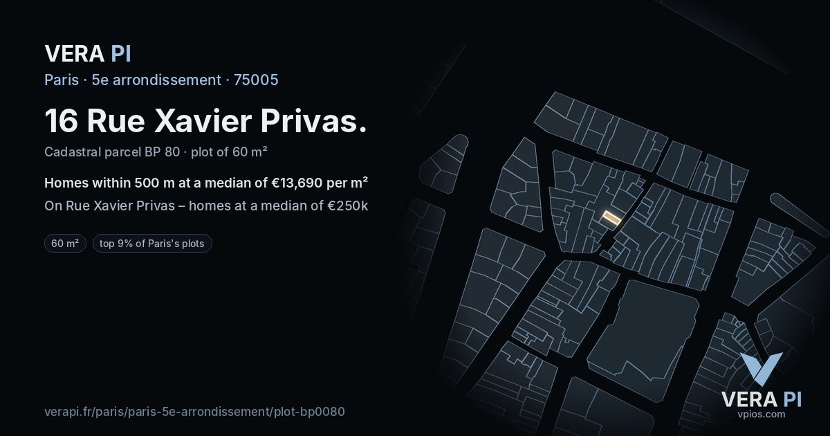 16 Rue Xavier Privas, 5e arrondissement at night – the plot lit, the parcels around coloured by the prices near them