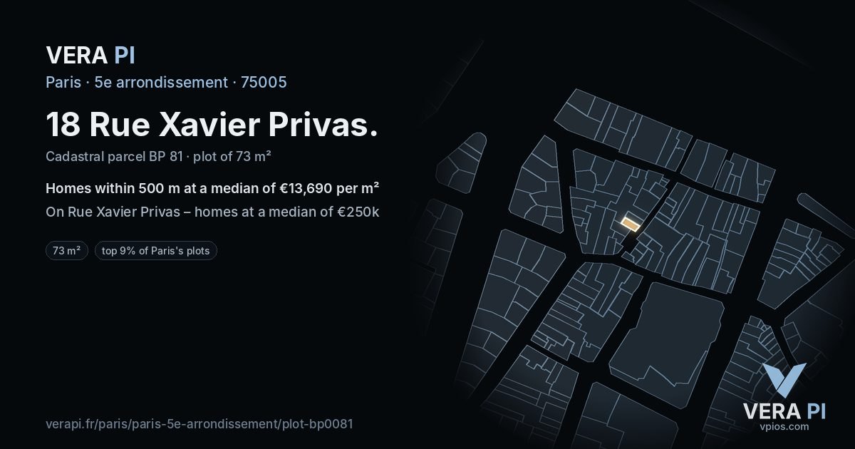 18 Rue Xavier Privas, 5e arrondissement at night – the plot lit, the parcels around coloured by the prices near them