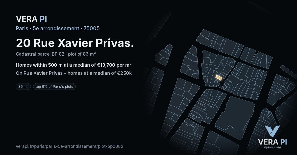 20 Rue Xavier Privas, 5e arrondissement at night – the plot lit, the parcels around coloured by the prices near them