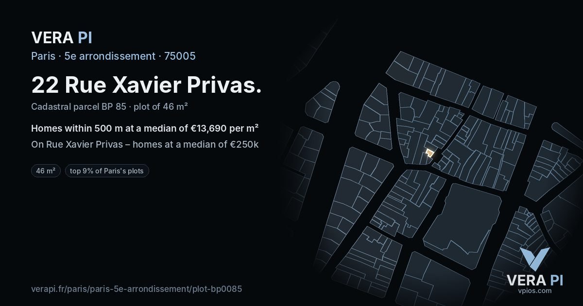 22 Rue Xavier Privas, 5e arrondissement at night – the plot lit, the parcels around coloured by the prices near them