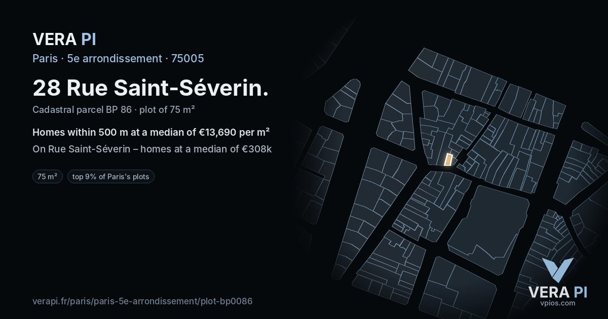 28 Rue Saint-Séverin, 5e arrondissement at night – the plot lit, the parcels around coloured by the prices near them
