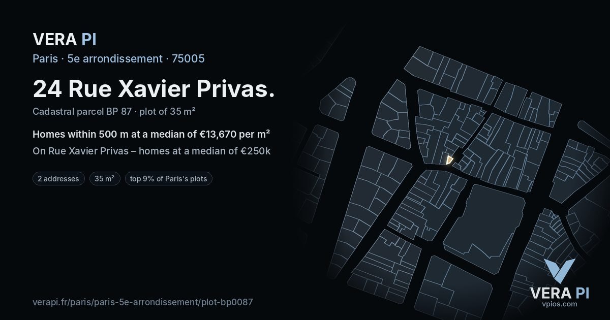 24 Rue Xavier Privas, 5e arrondissement at night – the plot lit, the parcels around coloured by the prices near them