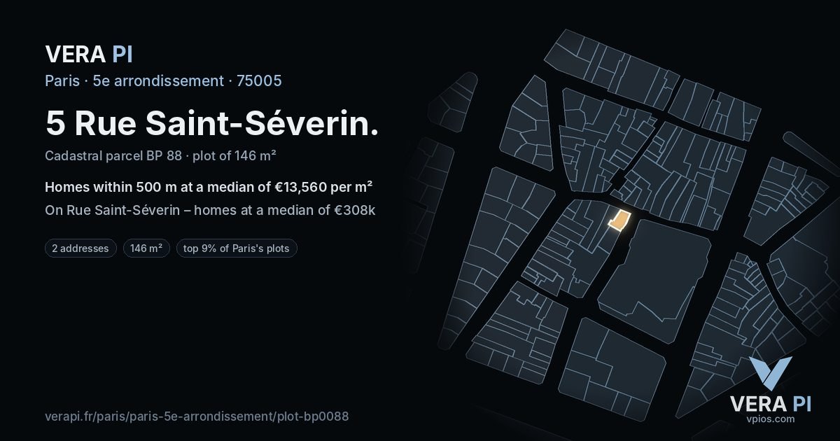 5 Rue Saint-Séverin, 5e arrondissement at night – the plot lit, the parcels around coloured by the prices near them
