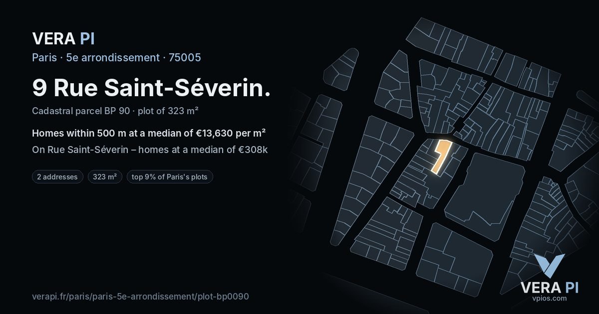 9 Rue Saint-Séverin, 5e arrondissement at night – the plot lit, the parcels around coloured by the prices near them
