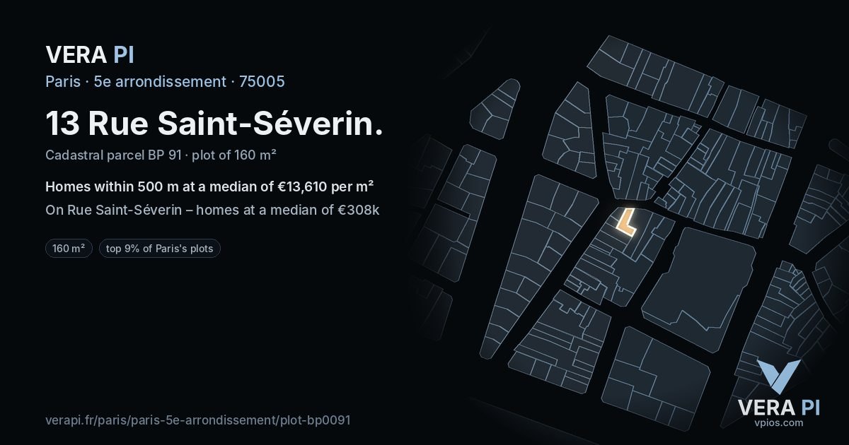 13 Rue Saint-Séverin, 5e arrondissement at night – the plot lit, the parcels around coloured by the prices near them