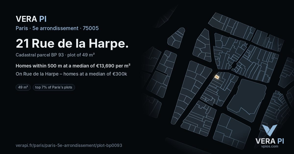 21 Rue de la Harpe, 5e arrondissement at night – the plot lit, the parcels around coloured by the prices near them