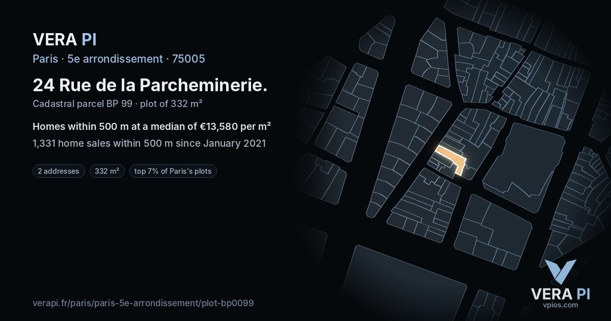 24 Rue de la Parcheminerie, 5e arrondissement at night – the plot lit, the parcels around coloured by the prices near them