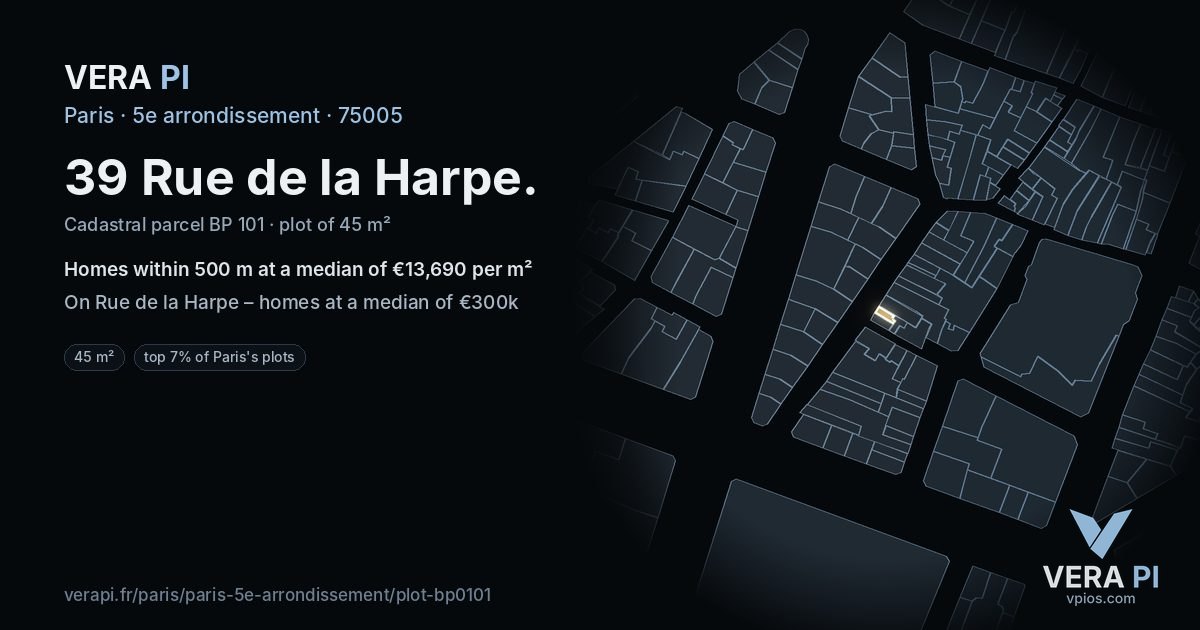 39 Rue de la Harpe, 5e arrondissement at night – the plot lit, the parcels around coloured by the prices near them