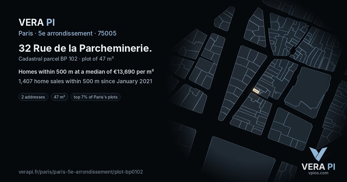 32 Rue de la Parcheminerie, 5e arrondissement at night – the plot lit, the parcels around coloured by the prices near them