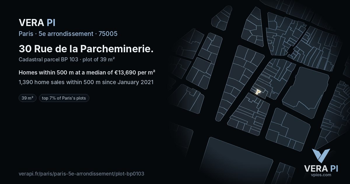 30 Rue de la Parcheminerie, 5e arrondissement at night – the plot lit, the parcels around coloured by the prices near them